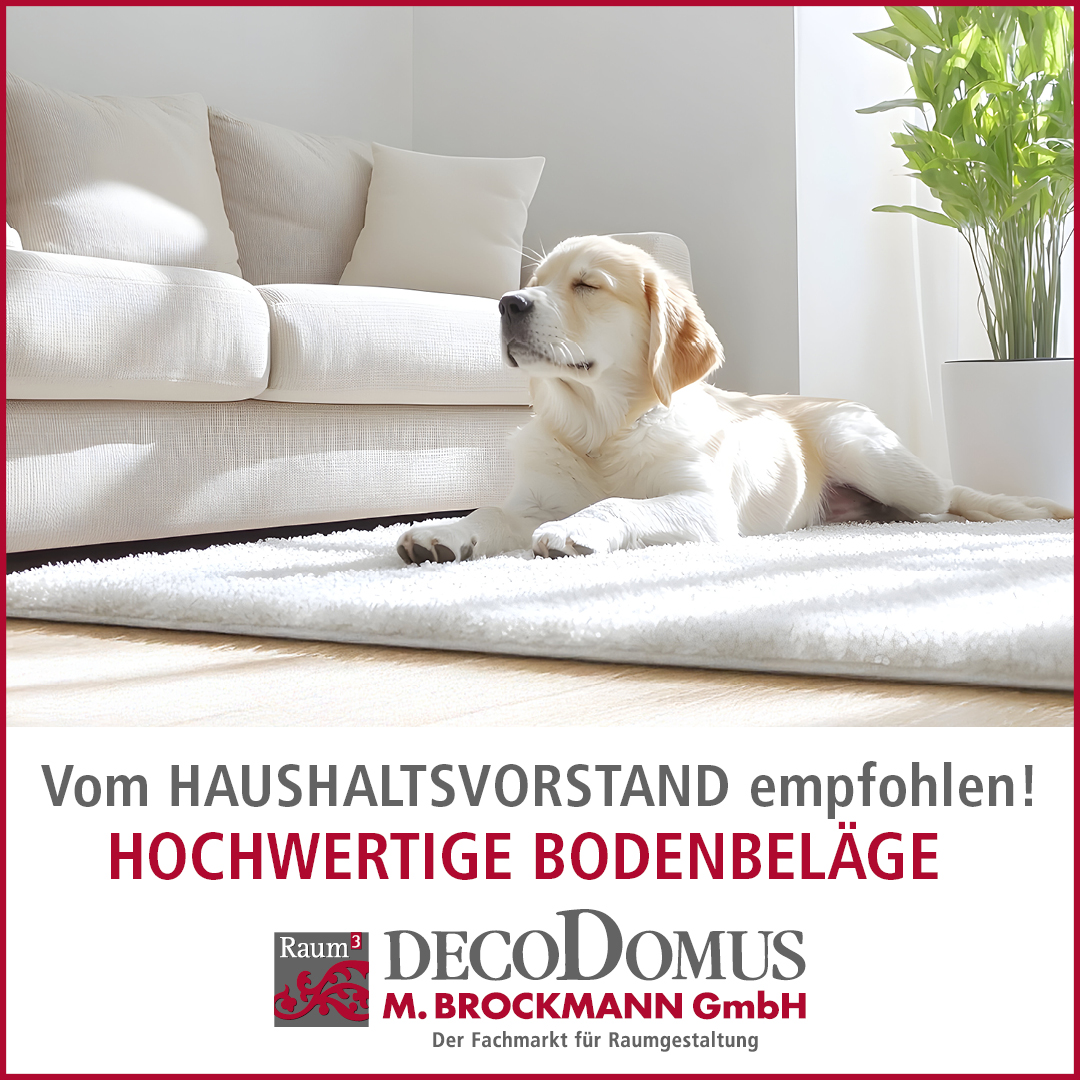 Ein weißer Lamrador auf einem Teppich. Slogan: Vom Haushaltsvorstand empfohlen: hochwertige Bodenbeläge
