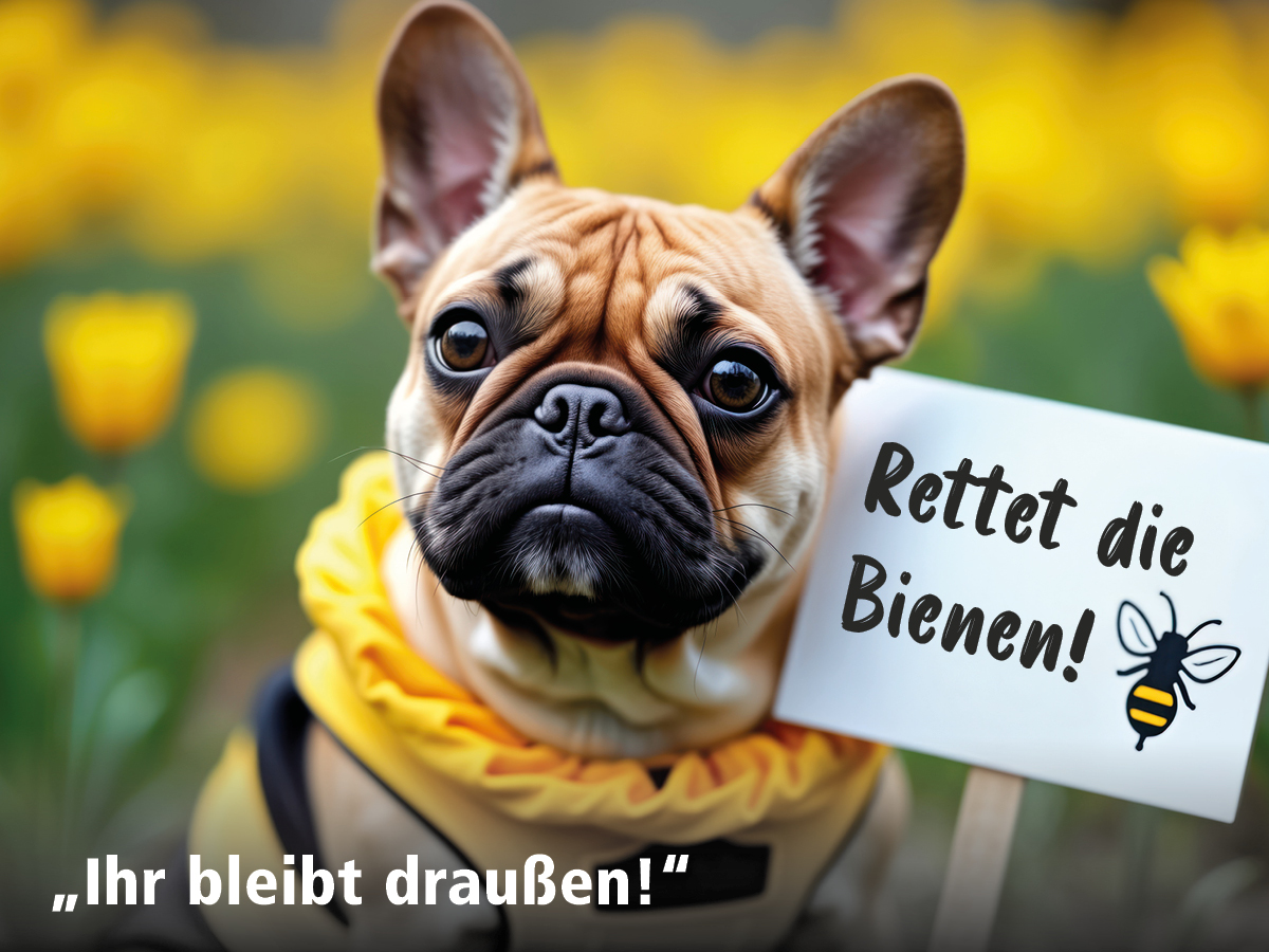 Ein Mops mit einem Bienenmantel. Slogan: Rettet die Bienen!