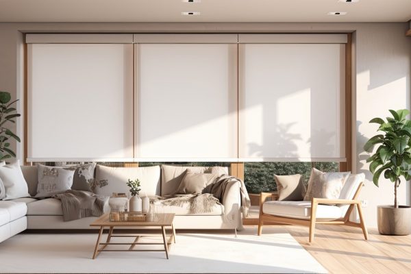 Weißer Sonnenschutz an Fenstern im Wohnzimmer